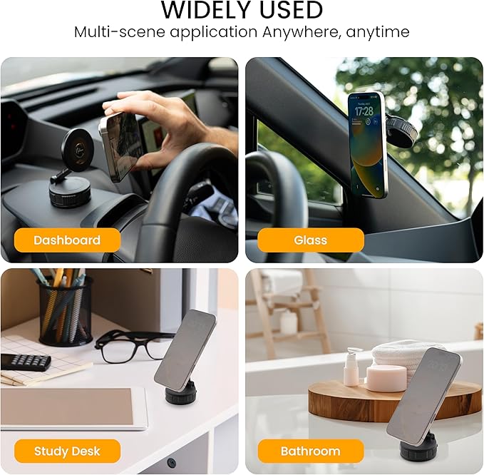 Vacuum Magnetic Phone Holder – 360-Degree Rotating Magnetic Suction Phone Mount for Car, Windshield, Gym, Outdoor – Strong Hold Cellphone Car Holder – Compatible with MagSafe