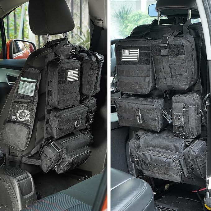 Tactical Car Seat Back Organizer,Tactical Molle Seat Back Organizer with 6 Detachable Molle Pouch,Universal Fits for Car Truck Jeep Vehicle Black