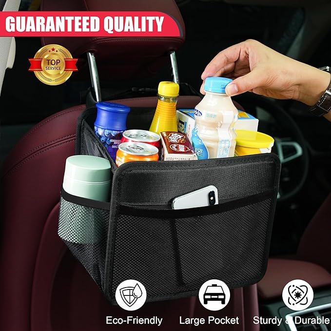 Car Seat Back Organizer Hanging Bag [2025 UPDATED] Foldable Backseat Storage Caddy with 5 Compartments & Adjustable Straps, Fits for Front/Back Headrest, Ultra-Durable - Black