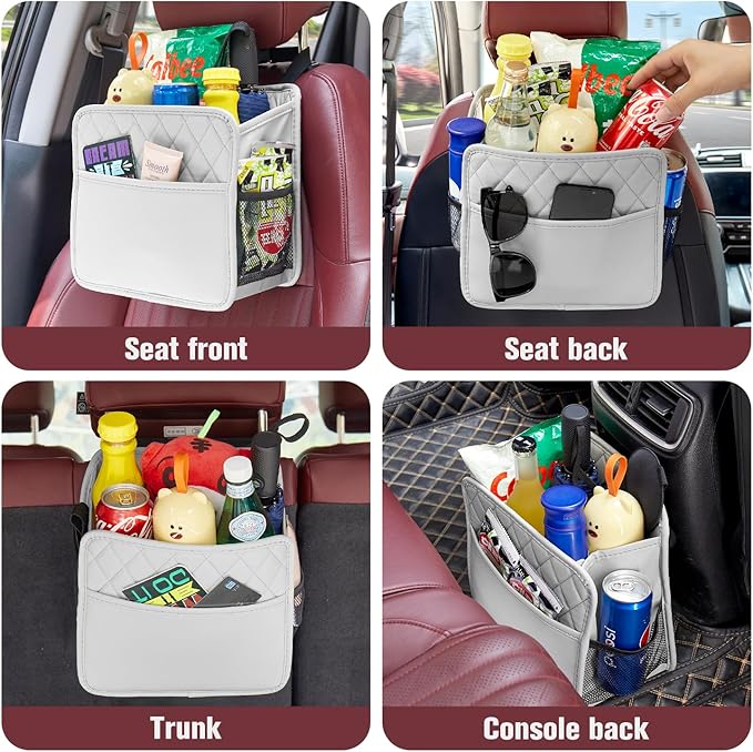 LXUNYI Car Seat Organizer, Updated Large Leather Backseat Car Organizer with Cup Holders Multifunctional Over the Car Seat Storage Organizer Bag Hanging Car Seat Back Organizers for Kids (Gray 2Pack)