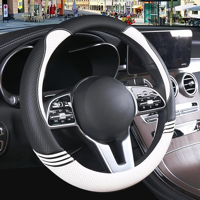 Cute Steering Wheel Cover for Women Men Leather Universal 15 inch,Black and White