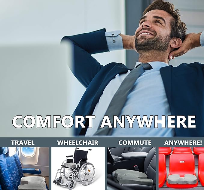ComfiLife Premium Comfort Seat Cushion - Non-Slip Orthopedic 100% Memory Foam Coccyx Cushion for Tailbone Pain - Cushion for Office Chair Car Seat - Back Pain & Sciatica Relief (Gray)