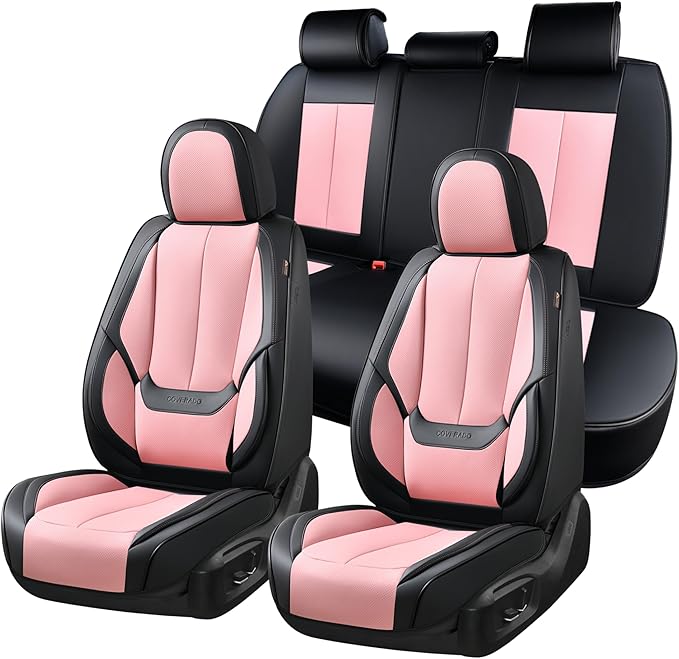 Coverado Car Seat Covers Full Set, Seat Covers for Cars, Black Car Seat Covers Front Seats and Back Car Seat Protector Waterproof, Leather Car Seat Cushion Universal Fit for Most Cars Pink