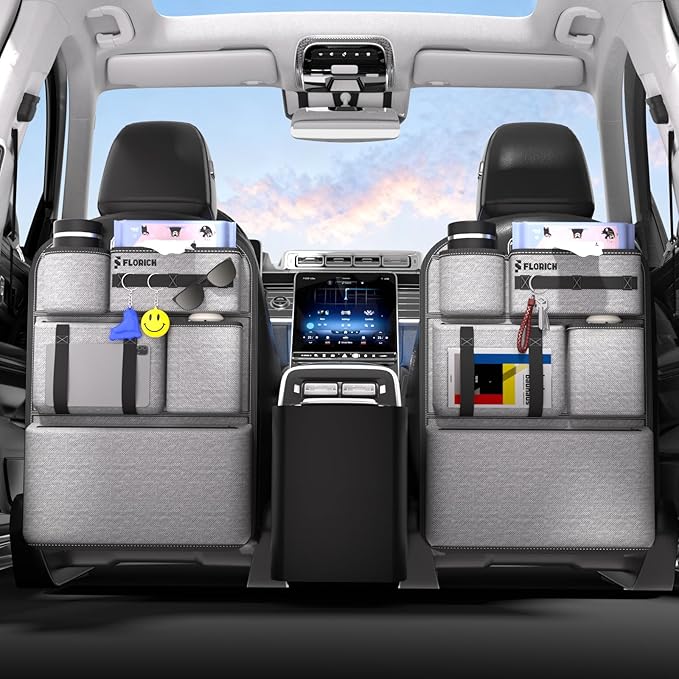 FLORICH 2 PACK PU Coated Fabric Car Backseat Organizer, Durable Large capacity Seat Back Organizer and Storage with 6 Pocket, Kick Mats Back Seat Protector for Kids Universal Fit