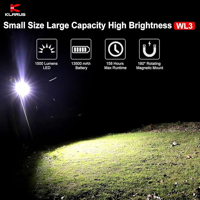 klarus WL3 Camping Light Magnetic Work Light, 1500 High Lumens, 13500mAh High Capacity, 6 Light Modes, Rechargeable Portable LED Lights for Work, DIY, Emergency, Car Repair & Camping - Khaki