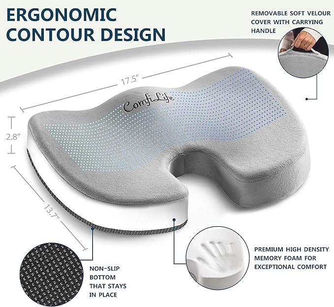 ComfiLife Premium Comfort Seat Cushion - Non-Slip Orthopedic 100% Memory Foam Coccyx Cushion for Tailbone Pain - Cushion for Office Chair Car Seat - Back Pain & Sciatica Relief (Gray)